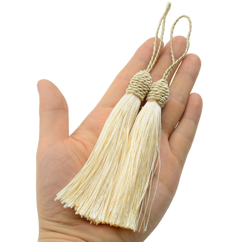 Makhry 20pcs 15.5cm/6 Inch Silky Floss Bookmark Tassels with 2-Inch Cord Loop and Small Chinese Knot for Jewelry Making  Souvenir  Bookmarks  DIY Craft Accessory (Beige) - Image 3